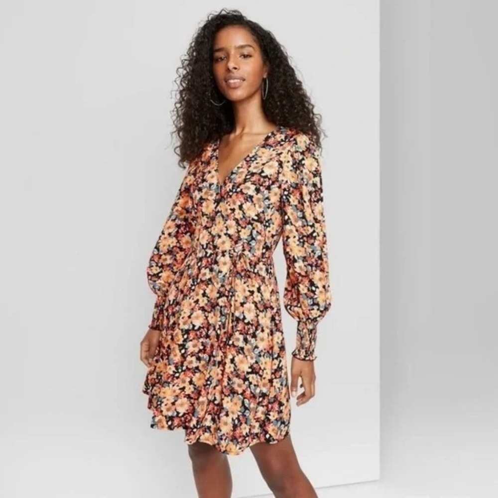 Wild Fable XXL Orange Multicolor Floral Print Faux Wrap Long Sleeve Dress